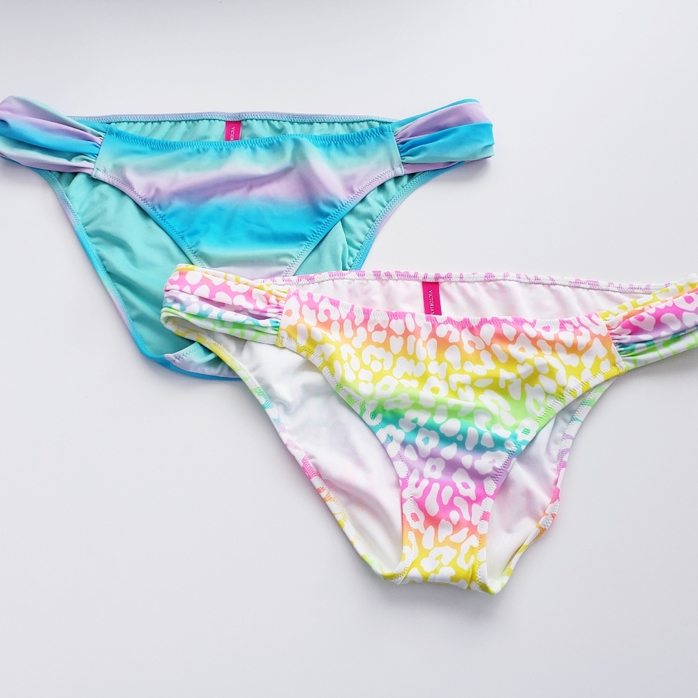 2 EUC Victoria's Secret Ruched Bikini Bottoms Womens Large Tie Dye Neon Cheetah - Picture 11 of 11